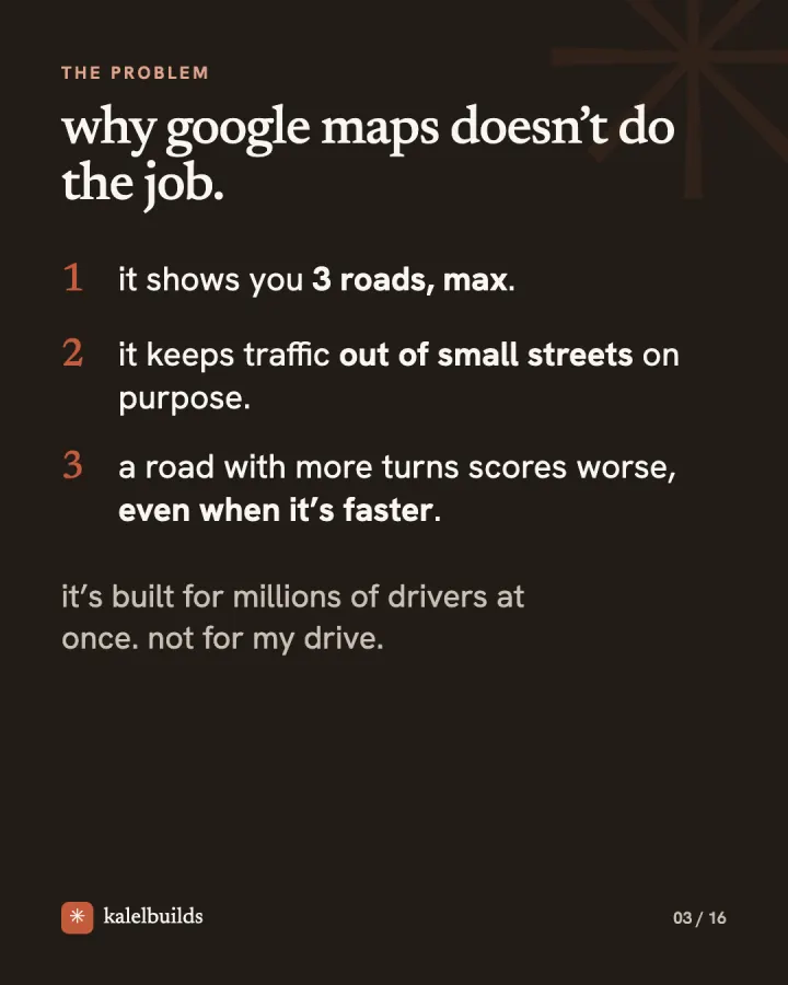 Pourquoi Google Maps ne fait pas le travail : 3 itinéraires au maximum, les petites rues évitées volontairement, plus de virages moins bien notés même quand c'est plus rapide