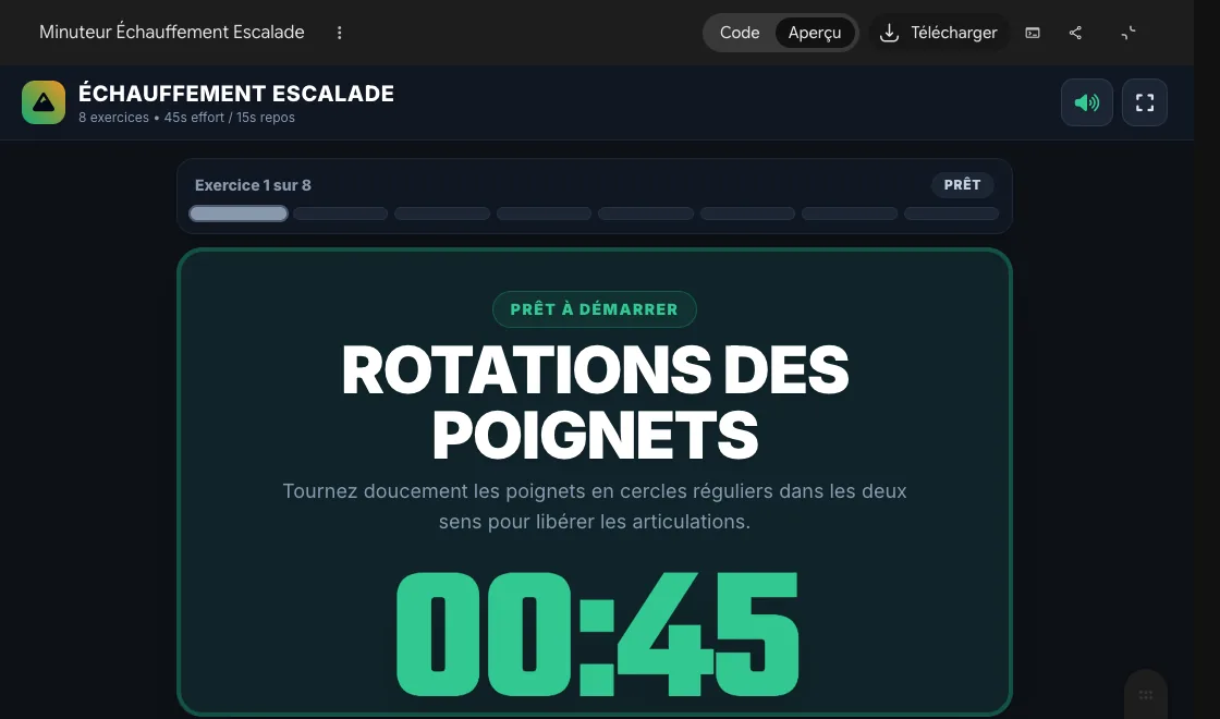 Le minuteur d'échauffement créé dans Gemini Canvas : Exercice 1 sur 8, Rotations des poignets en très gros, le compte à rebours à 00:45, et en haut les boutons Code, Aperçu et Télécharger