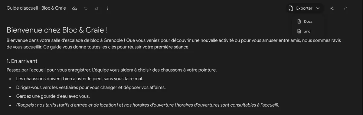 Le guide d'accueil de Bloc & Craie en plein écran dans Gemini Canvas, avec le menu Exporter ouvert sur Docs et .md
