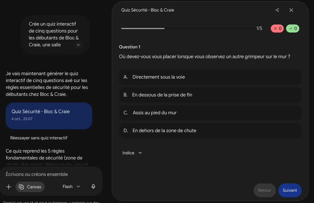 Le quiz « Sécurité - Bloc & Craie » créé dans Gemini Canvas, à droite de la discussion : question 1 sur 5, quatre réponses de A à D, bouton Indice, boutons Retour et Suivant