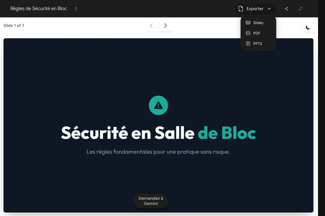 Des diapositives sur la sécurité en salle de bloc dans Gemini Canvas, avec le menu Exporter ouvert : Slides, PDF et PPTX